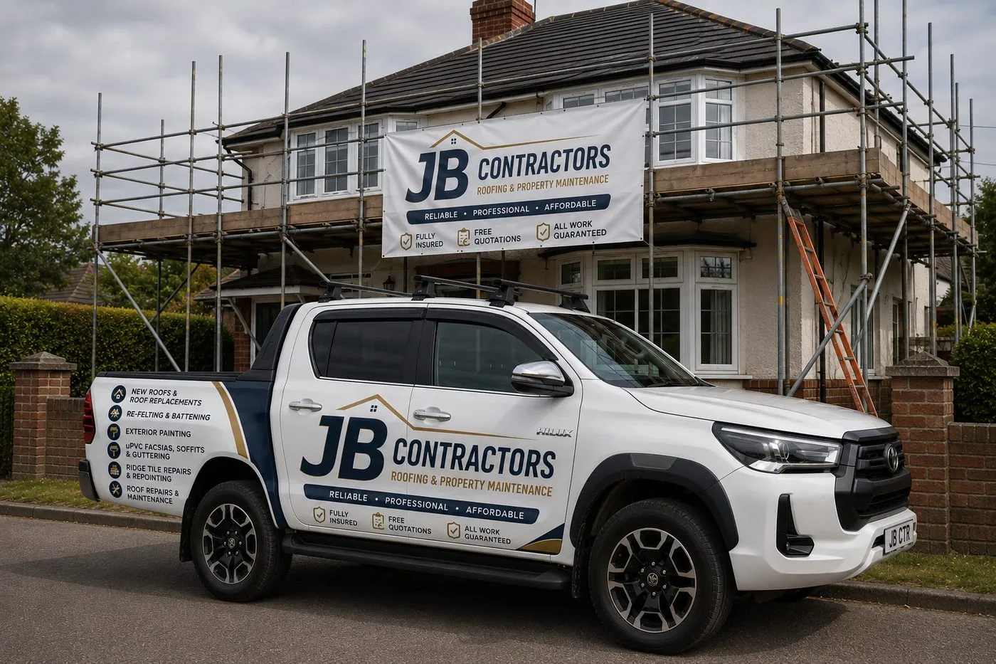 Tintagel Roofing pickup truck on site at a scaffolded roofing job in Tintagel